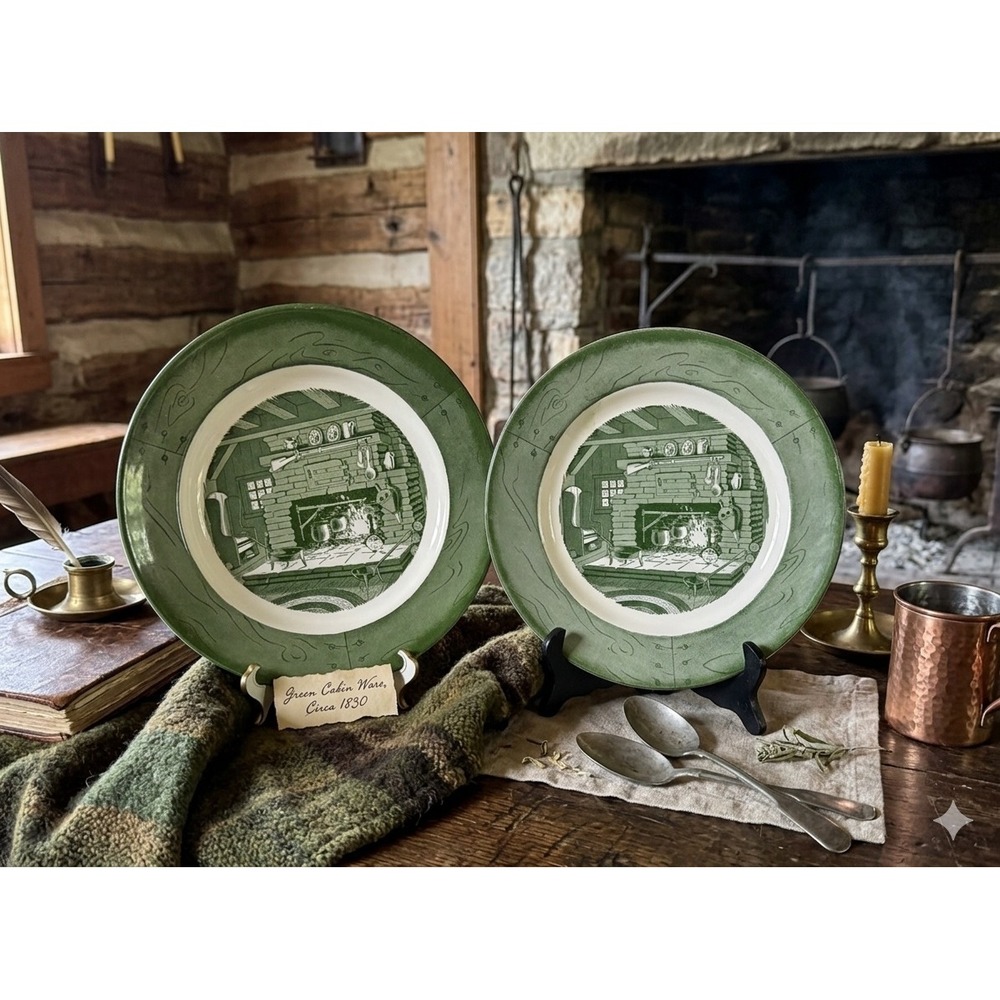 Royal China Colonial Homestead Green Transferware Dinner Plates Set of 2 USA